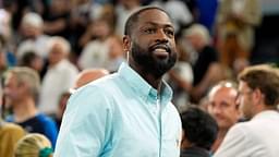 Dwyane Wade looks on at halftime between France and Canada in a men’s basketball quarterfinal game during the Paris 2024 Olympic Summer Games at Accor Arena.