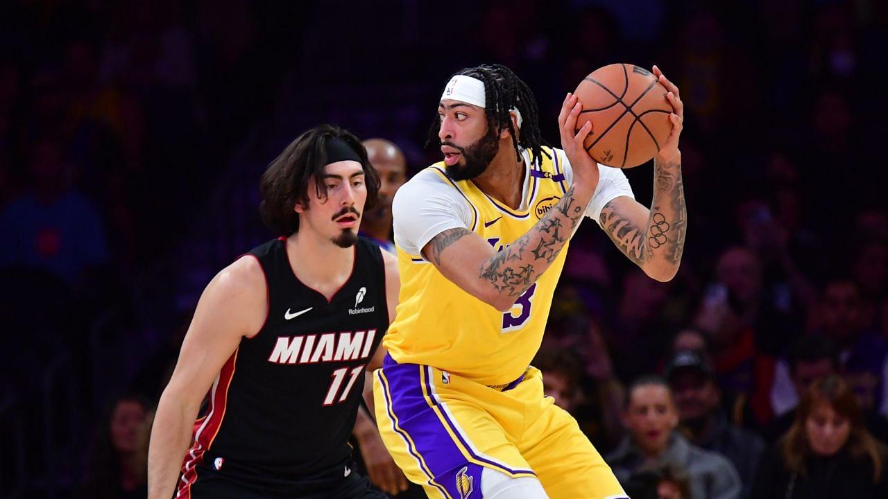 Los Angeles Lakers forward Anthony Davis (3) moves the ball against Miami Heat guard Jaime Jaquez Jr. (11) during the first half at Crypto.com Arena