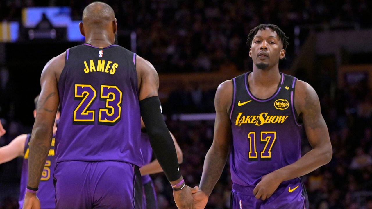 Los Angeles Lakers forward Dorian Finney-Smith (17) subs into the game for forward LeBron James (23) in the first half against the Portland Trail Blazers at Crypto.com Arena.