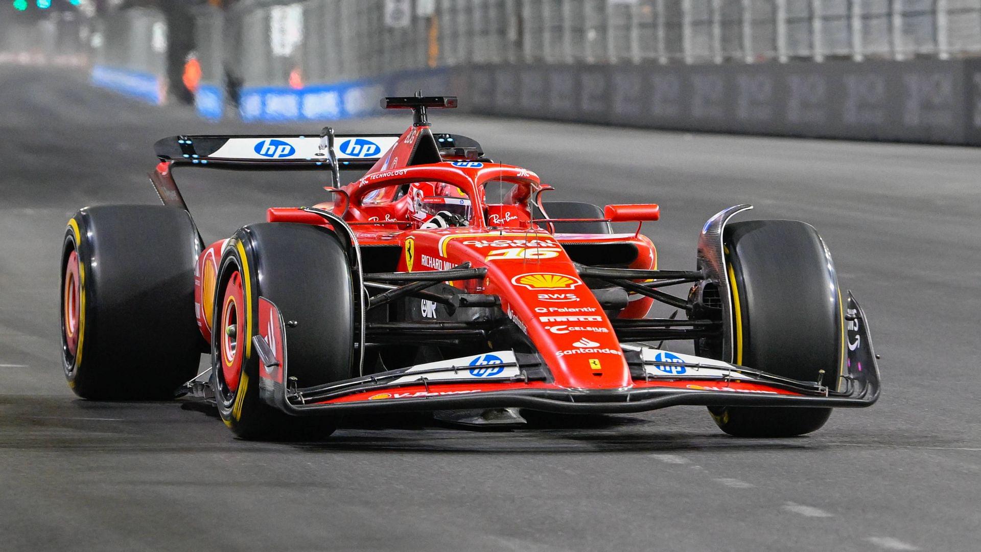 Scuderia Ferrari driver Charles Leclerc (16) of Monaco enters turn 14 during free practice 2 of the Formula 1 Heineken Las Vegas Grand Prix on November 21, 2024