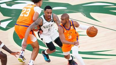 Phoenix Suns guard Chris Paul (3) against Milwaukee Bucks guard Jeff Teague (5) during game four of the 2021 NBA Finals at Fiserv Forum.