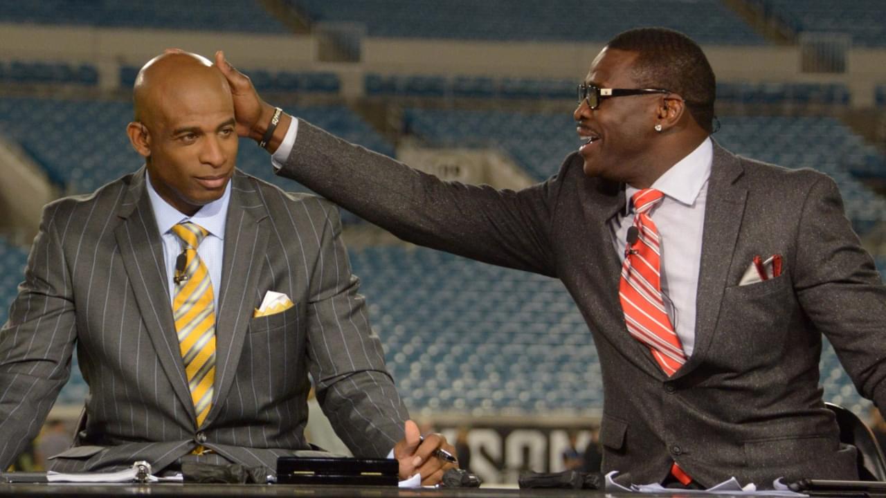 Dec 5, 2013; Jacksonville, FL, USA; Rich Eisen (left), Deion Sanders (center) and Michael Irvin on the NFL Network set before the game between the Houston Texans and the Jacksonville Jaguars at EverBank Field.