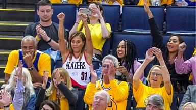 Dell Curry (far left), Sonya Curry (second from left), Ayesha Curry (second from right), and Sydel Curry (far right) watch during the third quarter in game one of the Western conference finals of the 2019 NBA Playoffs between the Golden State Warriors and the Portland Trail Blazers at Oracle Arena