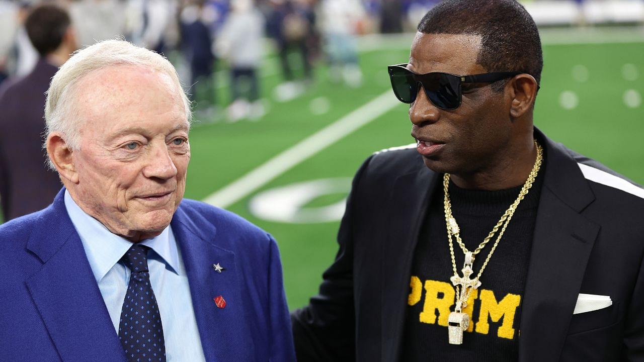 Colorado Buffaloes head coach Deion Sanders (right) talks with Dallas Cowboys owner Jerry Jones before the game against the Seattle Seahawks at AT&T Stadium.