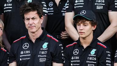 Toto Wolff, Team Principal & CEO of Mercedes AMG F1 Team, and Kimi Antonelli of Mercedes AMG F1 Team W15 pose for portraits during the F1 Grand Prix of Abu Dhabi