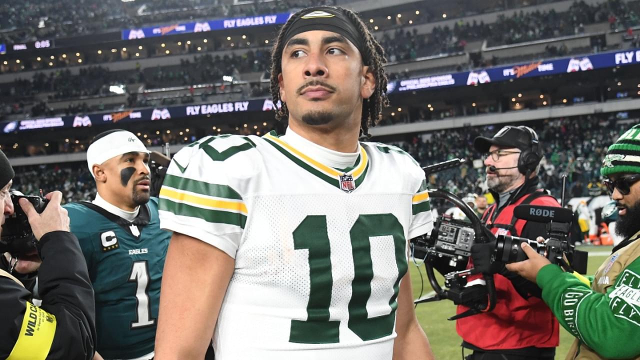 Jan 12, 2025; Philadelphia, Pennsylvania, USA; Green Bay Packers quarterback Jordan Love (10) reacts after the game against the Philadelphia Eagles in an NFC wild card game at Lincoln Financial Field.