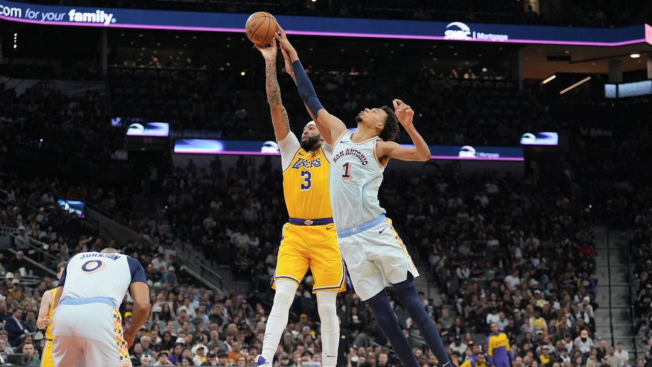 San Antonio Spurs center Victor Wembanyama (1) blocks a shot by Los Angeles Lakers forward Anthony Davis (3) in the second half at Frost Bank Center.