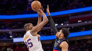 Phoenix Suns forward Kevin Durant (35) shoots the ball over Detroit Pistons guard Malik Beasley (5) during the second half at Little Caesars Arena