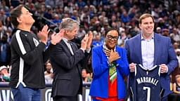 (from left) Mark Cuban and new Dallas Mavericks CEO Rick Welts and retiring Mavericks CEO Cynt Marshall and Mavericks governor Patrick Dumont present Marshall with a commerative jersey during the game between the Dallas Mavericks and the Minnesota Timberwolves at the American Airlines Center.