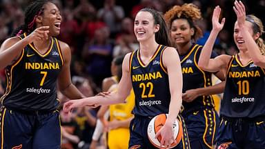 Indiana Fever forward Aliyah Boston (7) celebrates with Indiana Fever guard Caitlin Clark (22) altering recording a triple-double Wednesday, Sept. 4, 2024, during the game at Gainbridge Fieldhouse in Indianapolis. The Indiana Fever defeated the Los Angeles Sparks, 93-86.