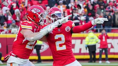 Kansas City Chiefs cornerback Joshua Williams (2) celebrates with linebacker Drue Tranquill (23) after a sack against the Houston Texans during the second half at GEHA Field at Arrowhead Stadium.