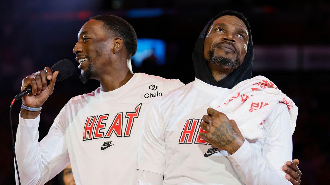 Miami Heat center Bam Adebayo (13) talks during a ceremony to celebrate the last regular season game of Miami Heat forward Udonis Haslem (40) prior to the game against the Orlando Magic at Kaseya Center.