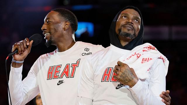 Miami Heat center Bam Adebayo (13) talks during a ceremony to celebrate the last regular season game of Miami Heat forward Udonis Haslem (40) prior to the game against the Orlando Magic at Kaseya Center.