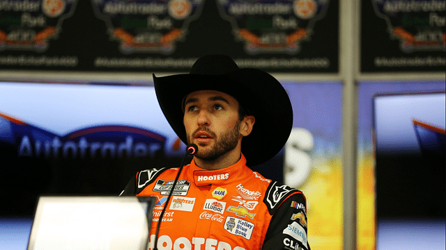 Apr 14, 2024; Fort Worth, Texas, USA; NASCAR Cup Series driver Chase Elliott (9) answers questions from the media after winning the NASCAR Cup Series AutoTrader EchoPark 400 at Texas Motor Speedway. Mandatory Credit: Michael C. Johnson-Imagn Images