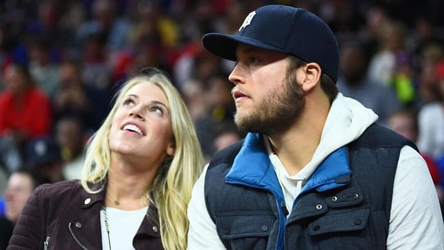 Detroit Lions quarterback Matthew Stafford with wife Kelly Stafford during the game between the Detroit Pistons and the Cleveland Cavaliers at The Palace of Auburn Hills.