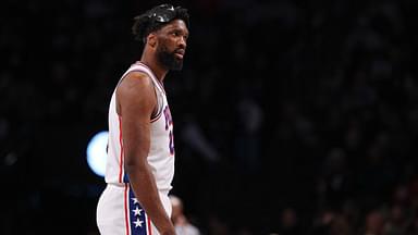 Philadelphia 76ers center Joel Embiid (21) looks up court during the first quarter against the Brooklyn Nets at Barclays Center.