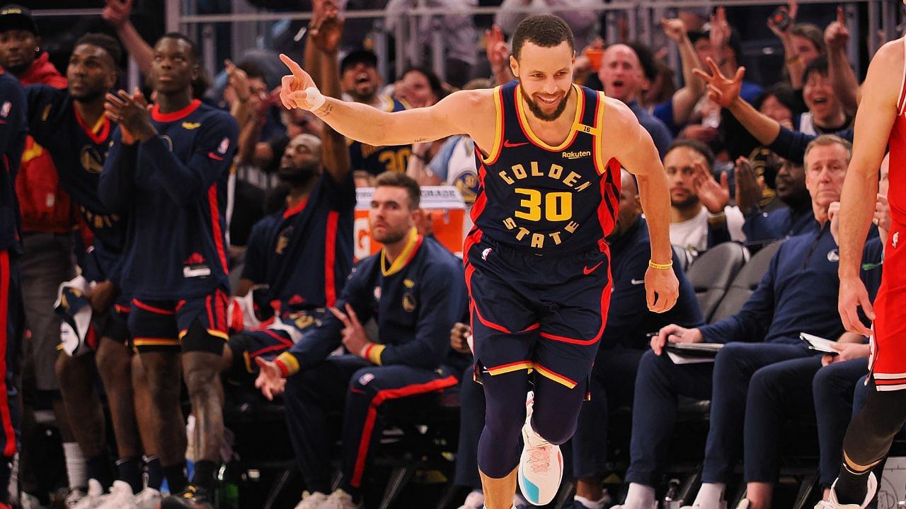 Golden State Warriors guard Stephen Curry (30) celebrates ahead of the Warriors bench after scoring a three point basket against the Chicago Bulls during the third quarter at Chase Center.