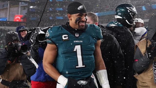 Jan 19, 2025; Philadelphia, Pennsylvania, USA; Philadelphia Eagles quarterback Jalen Hurts (1) walks off the field after defeating the Los Angeles Rams in a 2025 NFC divisional round game at Lincoln Financial Field.