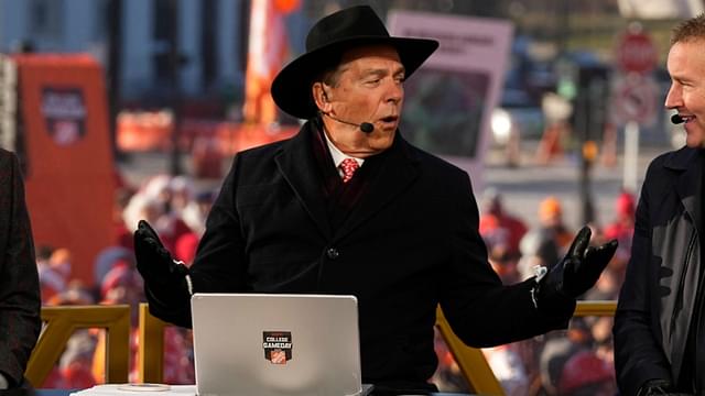 Ohio State head coach Ryan Day sits with Nick Saban and Kirk Herbstreit on the set of ESPN College GameDay prior to the College Football Playoff first round game between the Ohio State Buckeyes and Tennessee Volunteers in Columbus on Dec. 21, 2024