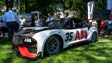 CHICAGO, IL - JULY 06: A prototype of an electric vehicle from NASCAR sits on the lawn during the NASCAR Xfinity Series The Loop 110 at the Chicago Street Course on July 06, 2024 in Chicago, Illinois. (Photo by Ben Hsu Icon Sportswire) AUTO: JUL 06 NASCAR Xfinity Series The Loop 110 EDITORIAL USE ONLY Icon224240619003