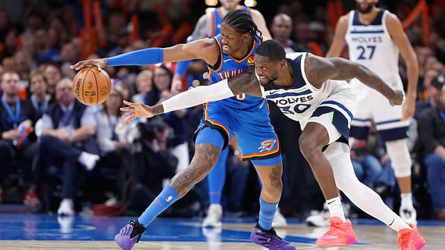 Oklahoma City Thunder forward Jalen Williams (8) steals the ball away from Minnesota Timberwolves forward Julius Randle (30) during the second half at Paycom Center