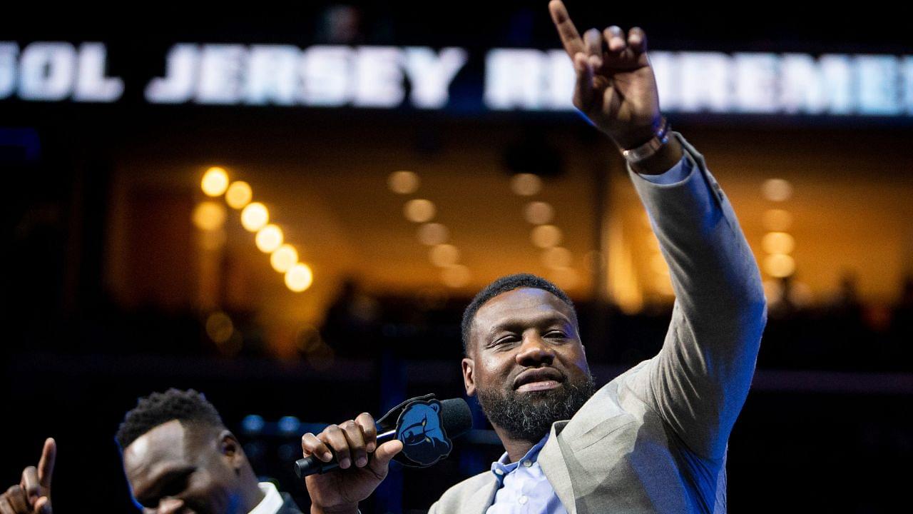 Former Grizzlies players Zach Randolph and Tony Allen smile while speaking with the other “Core Four” players during Marc Gasol’s jersey retirement ceremony at FedExForum in Memphis, Tenn., on Saturday, April 6, 2024.