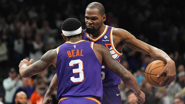 Phoenix Suns guard Bradley Beal (3) and Phoenix Suns forward Kevin Durant (35) hug during the second half of the game against the Indiana Pacers at Footprint Center