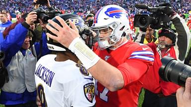 Dec 8, 2019; Orchard Park, NY, USA; Baltimore Ravens quarterback Lamar Jackson (8) greets Buffalo Bills quarterback Josh Allen (17) following the game at New Era Field.