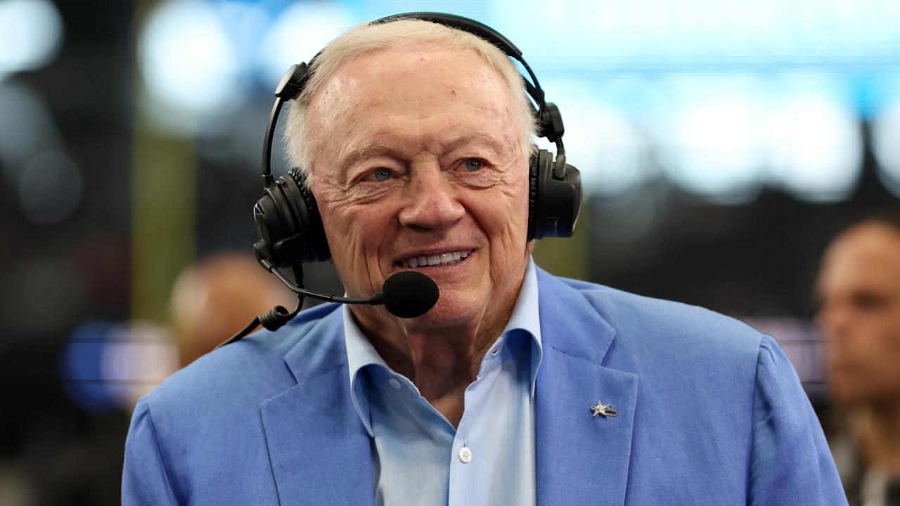 Aug 24, 2024; Arlington, Texas, USA; Dallas Cowboys owner Jerry Jones talks to the media before the game against the Los Angeles Chargers at AT&T Stadium.