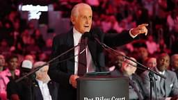 Miami Heat president Pat Riley addresses the crowd during the Pat Riley Court dedication ceremony at halftime at Kaseya Center