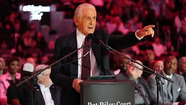 Miami Heat president Pat Riley addresses the crowd during the Pat Riley Court dedication ceremony at halftime at Kaseya Center