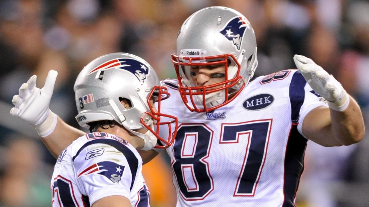 Nov 27, 2011; Philadelphia, PA, USA; New England Patriots wide receiver Wes Welker (83) celebrates scoring with tight end Rob Gronkowski (87) during the second quarter against the Philadelphia Eagles at Lincoln Financial Field. The Patriots defeated the Eagles 38-20.