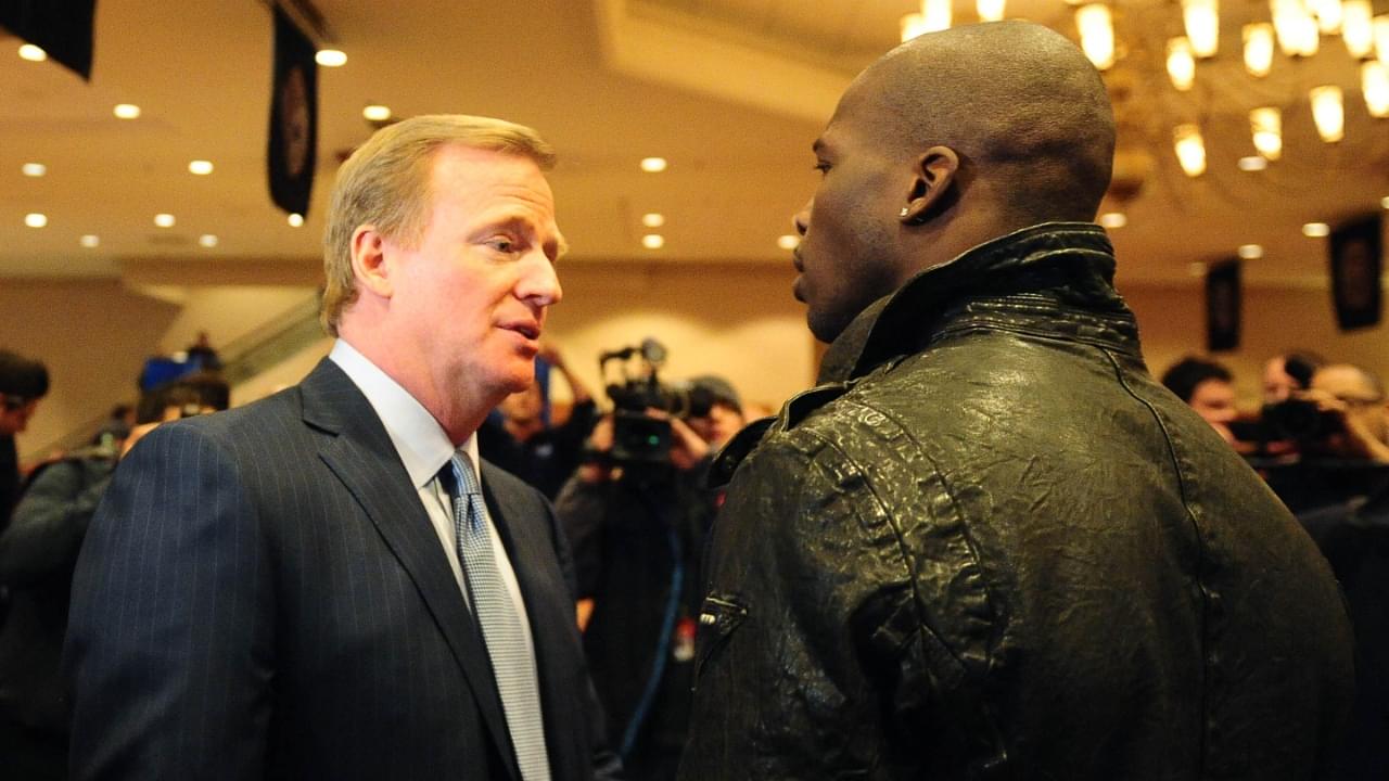 February 4, 2011; Dallas, TX, USA; NFL commissioner Roger Goodell (left) talks with Cincinnati Bengals wide receiver Chad Ochocinco prior to a press conference at the Super Bowl XLV media center.