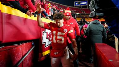 Jan 18, 2025; Kansas City, Missouri, USA; Kansas City Chiefs quarterback Patrick Mahomes (15) shakes hands with fans after defeating the Houston Texans in a 2025 AFC divisional round game at GEHA Field at Arrowhead Stadium.