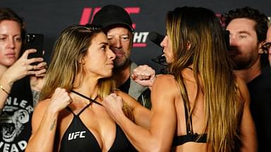 MACKENZEI DERN and AMANDA RIBAS face-off following the official weigh-ins at Palace Station for Ultimate Fighting Championship UFC Fight Night in Las Vegas. Las Vegas USA - ZUMAp175 20250110_zsa_p175_110 Copyright: xLouisxGrassex