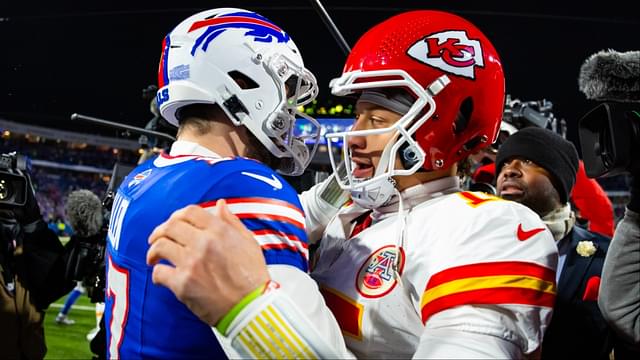 Kansas City Chiefs quarterback Patrick Mahomes (15) greets Buffalo Bills quarterback Josh Allen (17) following the 2024 AFC divisional round game at Highmark Stadium.