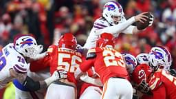 Buffalo Bills quarterback Josh Allen (17) dives for a first down against the Kansas City Chiefs during the second half in the AFC Championship game at GEHA Field at Arrowhead Stadium.