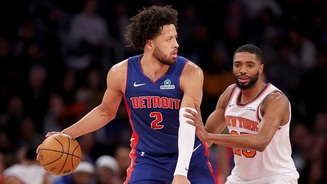 Detroit Pistons guard Cade Cunningham (2) controls the ball against New York Knicks forward Mikal Bridges (25) during the second quarter at Madison Square Garden