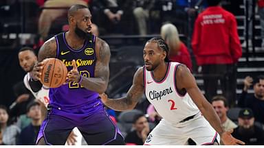 Los Angeles Lakers forward LeBron James (23) moves the ball against Los Angeles Clippers forward Kawhi Leonard (2) during the first half at Intuit Dome.