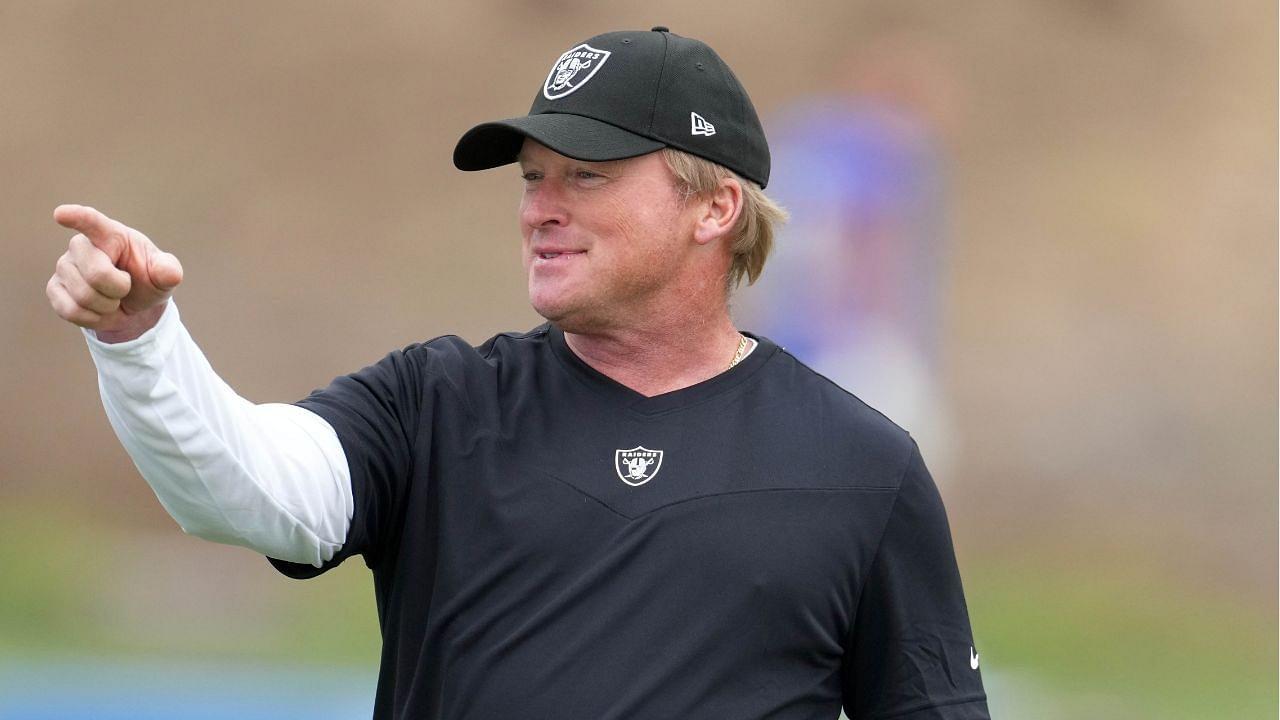 Las Vegas Raiders coach Jon Gruden reacts during a joint practice against the Los Angeles Rams.