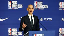 NBA commissioner Adam Silver speaks before the Paris Games 2025 NBA basketball game between the San Antonio Spurs and Indiana Pacers at Accor Arena.