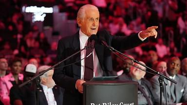 Miami Heat president Pat Riley addresses the crowd during the Pat Riley Court dedication ceremony at halftime at Kaseya Center