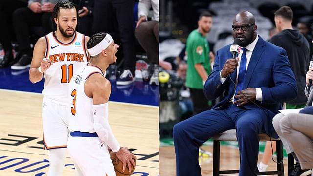 Knicks Players Josh Hart and Jalen Brunson (L) and Shaquille O'Neal (R)