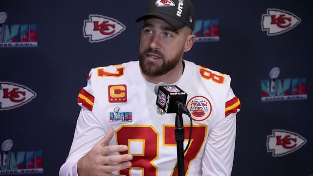 Kansas City Chiefs tight end Travis Kelce (87) answers questions from the media during team availability at Hyatt Regency Scottsdale Resort and Spa at Gainey Ranch in Scottsdale on Feb. 8, 2023. Nfl Kansas City Chiefs Media Availability