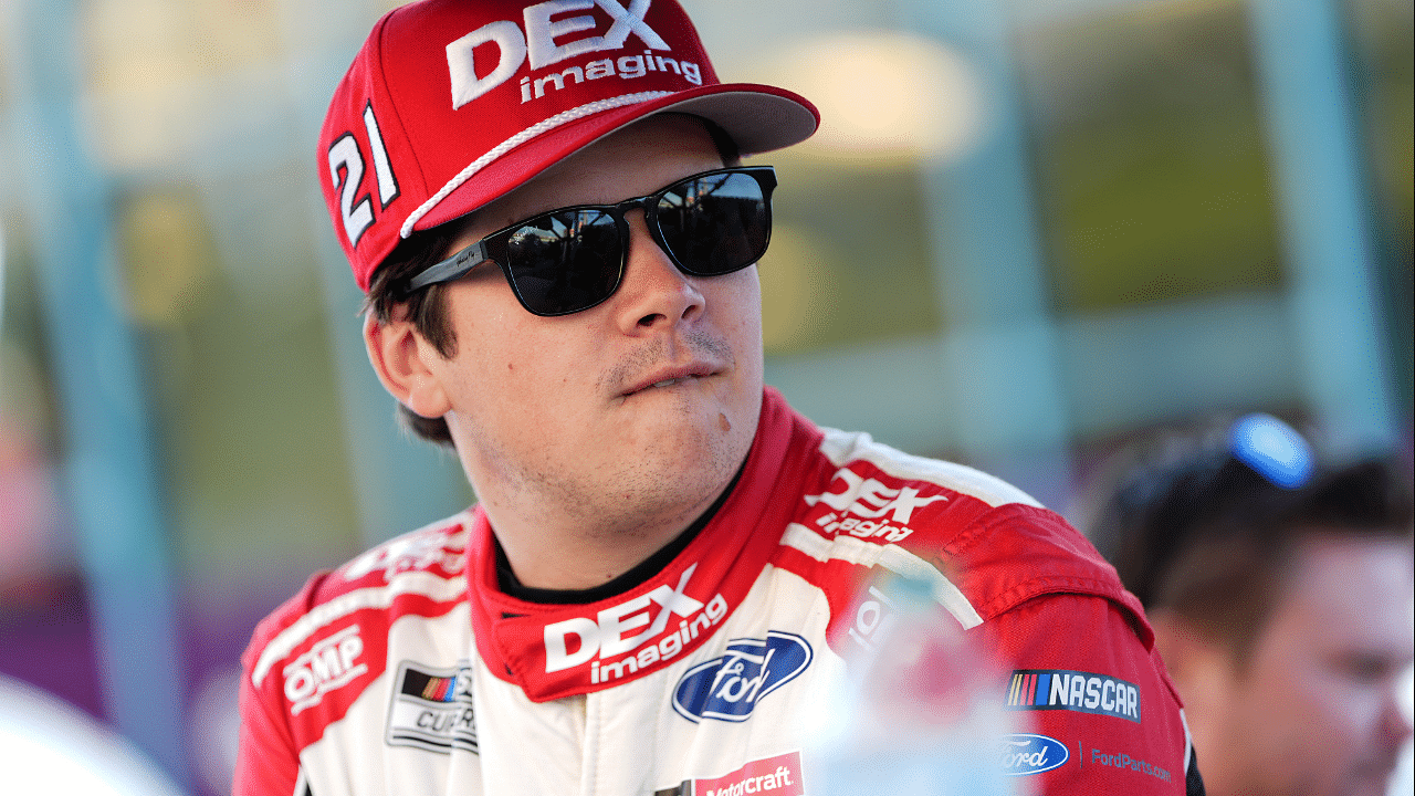 Oct 26, 2024; Homestead, Florida, USA; NASCAR Cup Series driver Harrison Burton (21) during practice for the Straight Talk Wireless 400 at Homestead-Miami Speedway. Mandatory Credit: Jasen Vinlove-Imagn Images