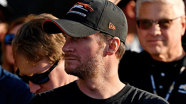 Feb 16, 2019; Daytona Beach, FL, USA; NASCAR Xfinity Series car owner Dale Earnhardt Jr. looks on from victory lane as his driver Michael Annett (not pictured) celebrates winning the NASCAR Racing Experience 300 at Daytona International Speedway. Mandatory Credit: Jasen Vinlove-Imagn Images