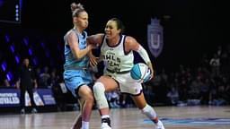 Napheesa Collier (24) of the Lunar Owls drives toward the basket as Courtney Vandersloot (25) of the Mist defends during the first half of the Unrivaled women’s professional 3v3 basketball league at Wayfair Arena