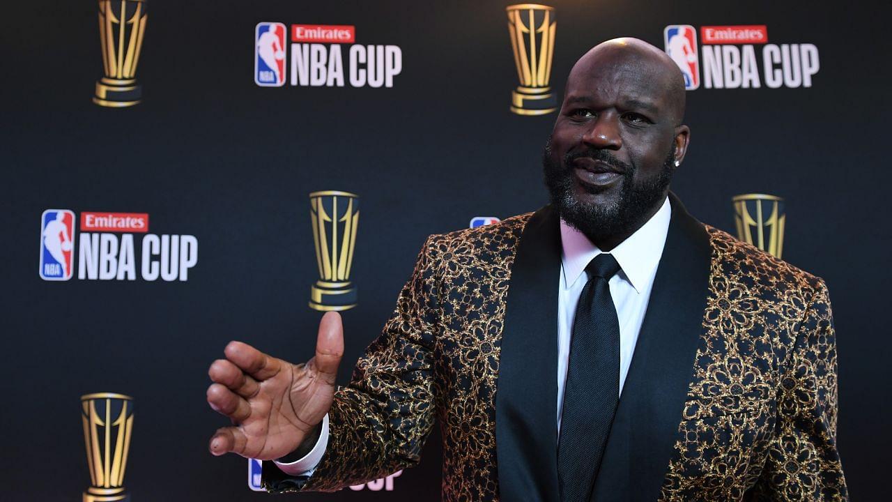 Shaquille O'Neal arrives on the red carpet before the Emirates NBA Cup semifinal game at T-Mobile Arena.