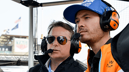 Jeff Gordon and Kyle Larson sit in the Arrow McLaren pit box Thursday, May 18, 2023, during the third day of practice for the 107th running of the Indianapolis 500 at Indianapolis Motor Speedway.