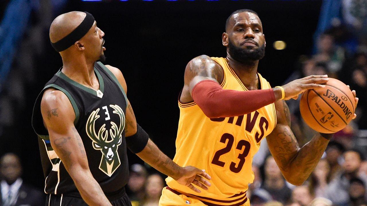 Cleveland Cavaliers forward LeBron James (23) looks to pass against Milwaukee Bucks guard Jason Terry (3) in the second quarter at BMO Harris Bradley Center.